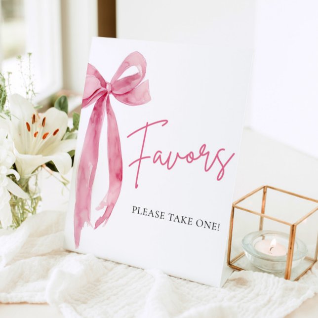 Signe De Table Aquarelle Élégante Bow Rose Bleu Faveurs Signer (Watercolor Elegant Blush Pink Bow Favors Sign)