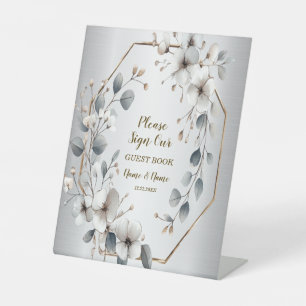 Signe De Table Aquarelle Fleurs blanches Cadre doré Argent Turquo