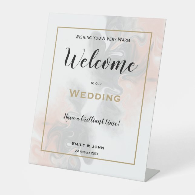 Signe De Table Aquarelle gris brun Peach Bienvenue au Mariage (Recto)
