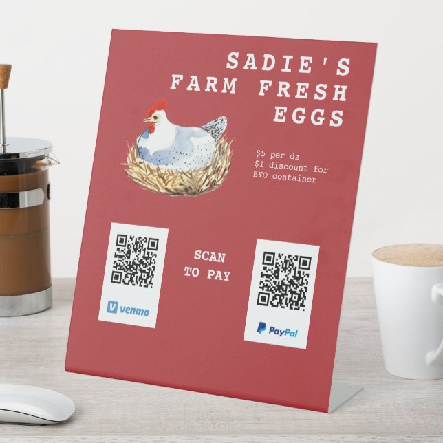 Signe De Table Aquarelle Hen Oeufs frais QR Code paiement (In SItu)