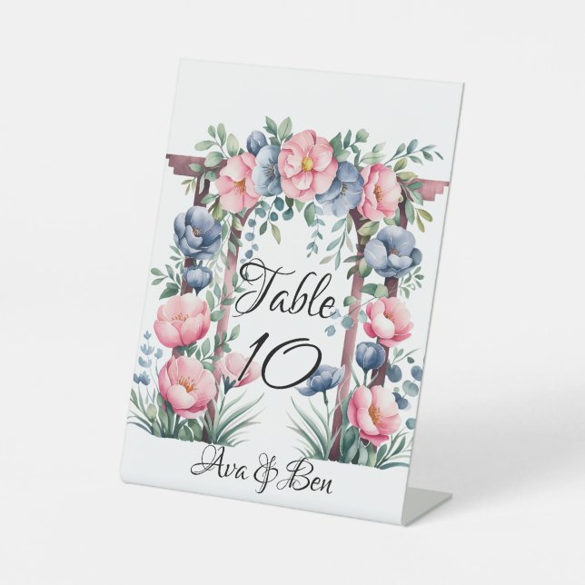 Signe De Table Aquarelle Mariage Arch rose et bleu fleurs (Recto)