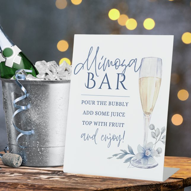 Signe De Table Aquarelle Mimosa Bar Champagne Floral Bleu (Elegant Blue Watercolor Flower and Champagne Table Pedestal Sign for Bridal Shower or Weddings)