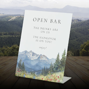 Signe De Table Aquarelle moderne Mountain Floral Mariage Open Bar