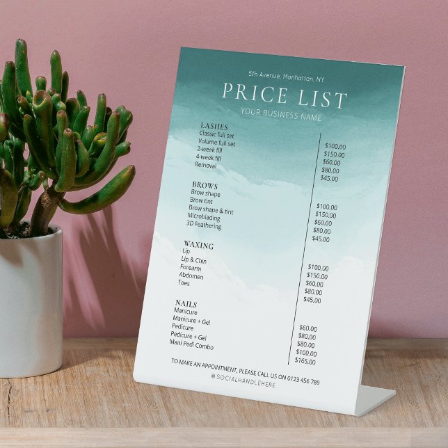 Signe De Table Aquarelle moderne Salon d'affaires Turquoise Tarif (Turquoise Teal Watercolor Price List Menu Sign For Business With Fully Editable Text)
