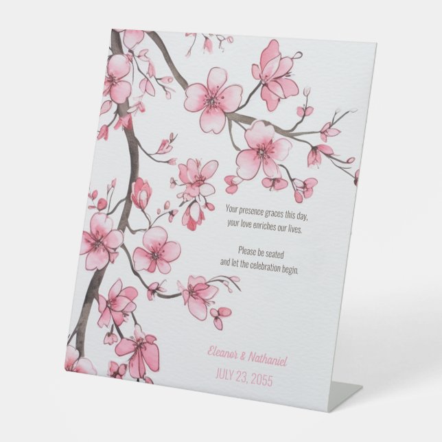 Signe De Table Aquarelle rose cerisier Mariage floral (Recto)