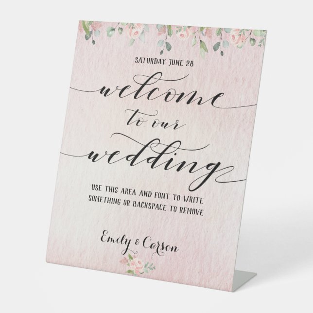 Signe De Table Aquarelle rose pâle Vert Mariage de bienvenue (Recto)