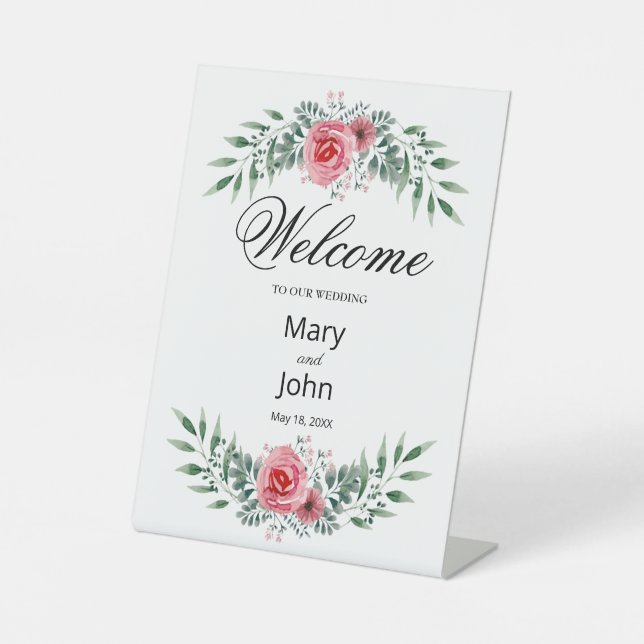 Signe De Table Aquarelle Rose Rose Vert Mariage de feuillage (Recto)