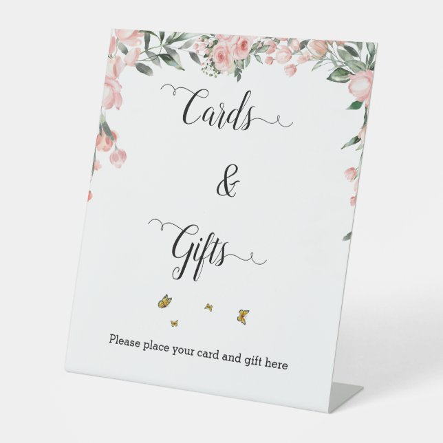 Signe De Table Aquarelle Roses et Papillons rose Cartes et Cadeau (Recto)