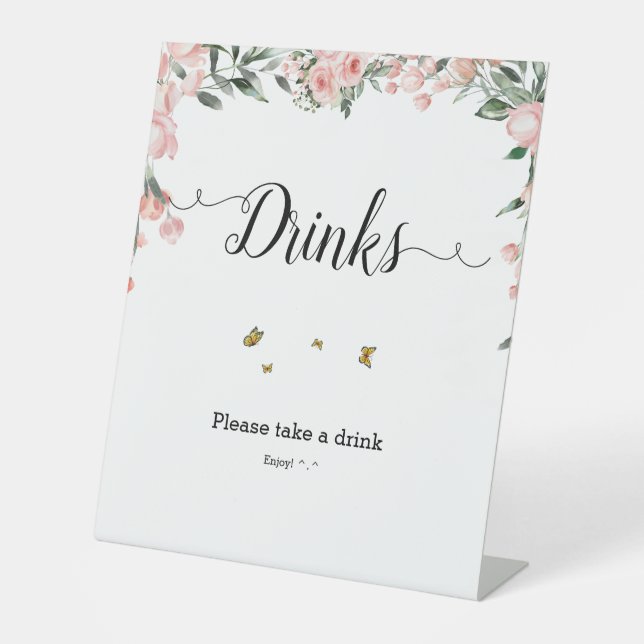 Signe De Table Aquarelle Roses roses avec papillons Boissons (Recto)