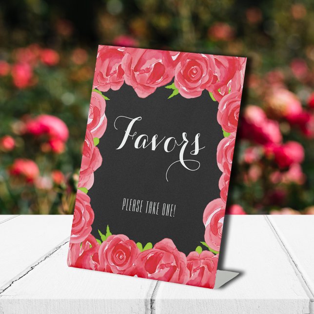Signe De Table Aquarelle Roses rouges FAVORISEURS (Watercolor Red Roses FAVORS Pedestal Sign)