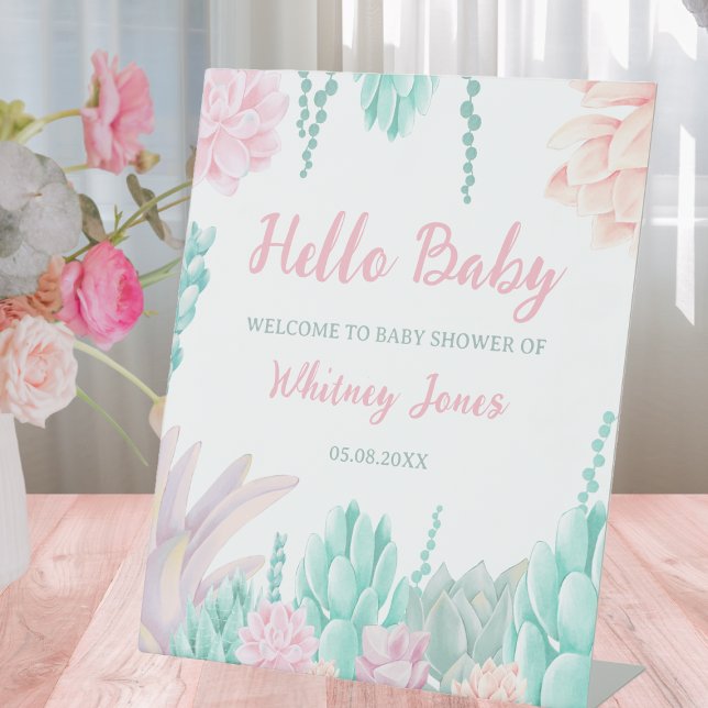 Signe De Table Aquarelle Succulente Cute Girl Baby shower Bienven (Succulent Watercolor Cute Girl Baby Shower Welcome Pedestal Sign)