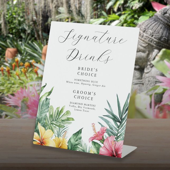 Signe De Table Aquarelle Tropical Signature Boissons Mariage (Watercolor Tropical Signature Drinks Wedding Pedestal Sign)