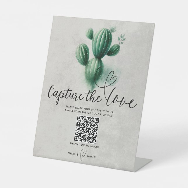 Signe De Table Aquarelle Vert Cactus Mariage Capturer l'amour (Recto)