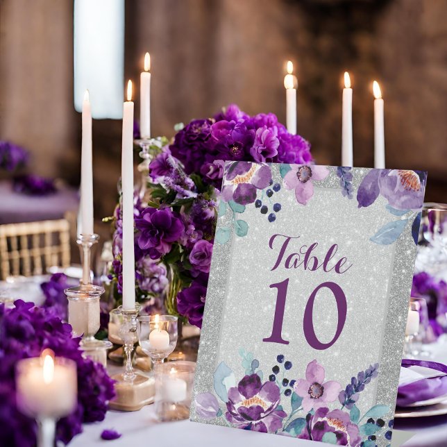Signe De Table Aquarelle violette Floral et Mariage Parties scint (Front view violet luxury botanical purple floral silver glitter romantic plum lilac Table number )