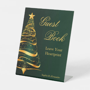 Signe De Table Arbre de Noël Doré Élégant Livre d'Or Mariage