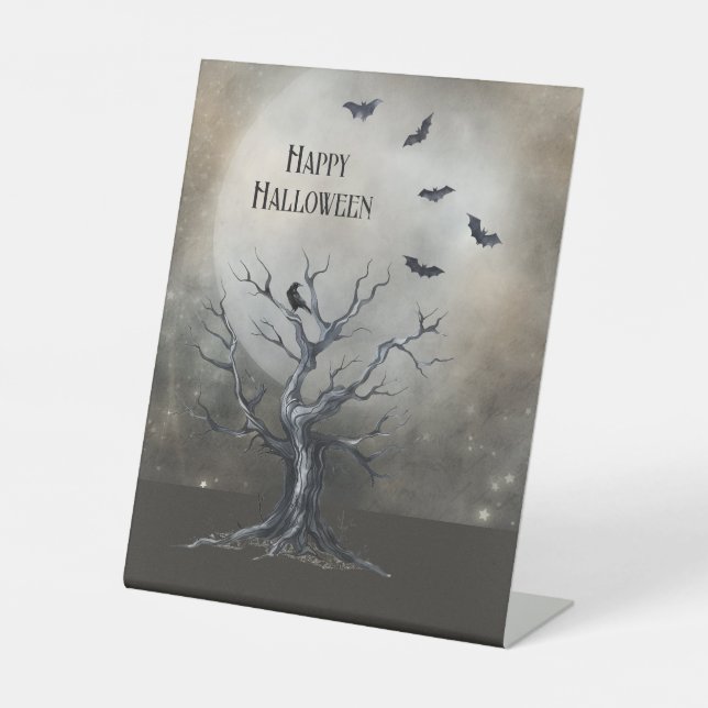 Signe De Table Arbre effrayant d'Halloween avec corbeau et chauve (Recto)