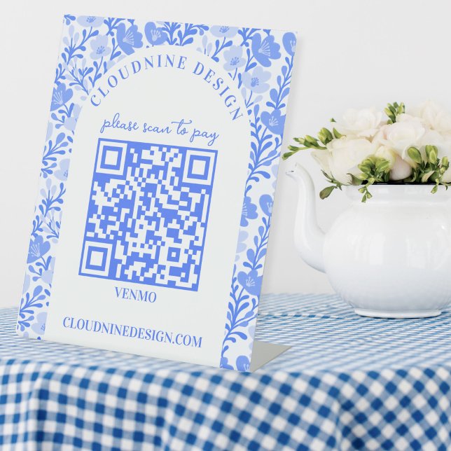Signe De Table Arc Floral Bleu Blanc CODE QR PAIEMENT SCAN (Floral Arch Blue White SCAN TO PAY QR CODE Pedestal Sign
)