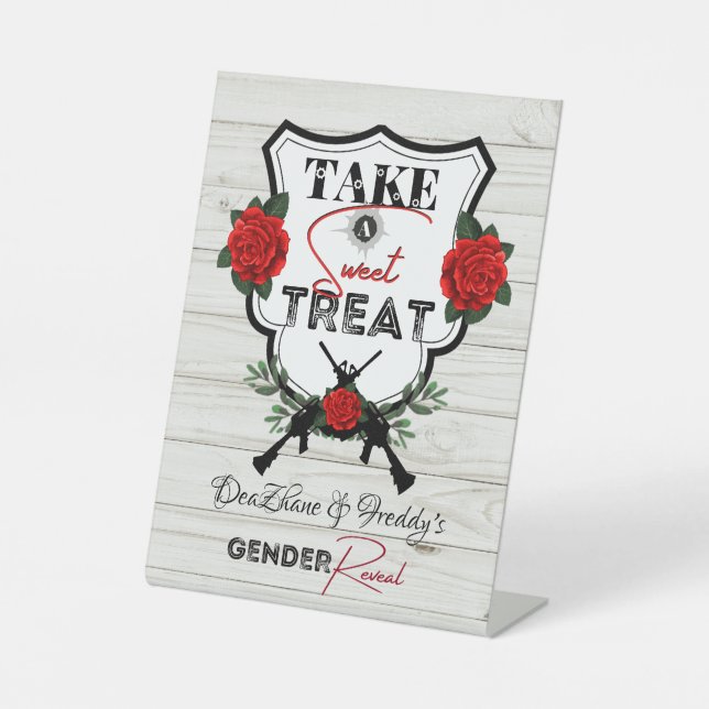 Signe De Table Armes à feu ou Roses Reveillez Baby shower Traite (Recto)