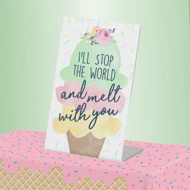 Signe De Table Arrêtez le monde et fondez avec vous la crème glac (Ill Stop The World and Melt With You Watercolor Ice Cream Bridal Shower Pedestal Table Sign)