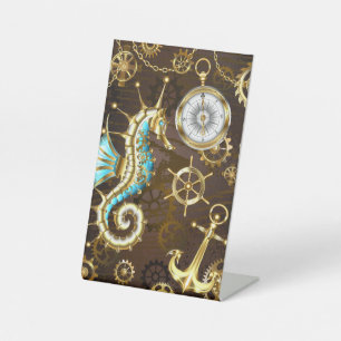 Signe De Table Arrière - plan en bois avec cheval de mer mécaniqu