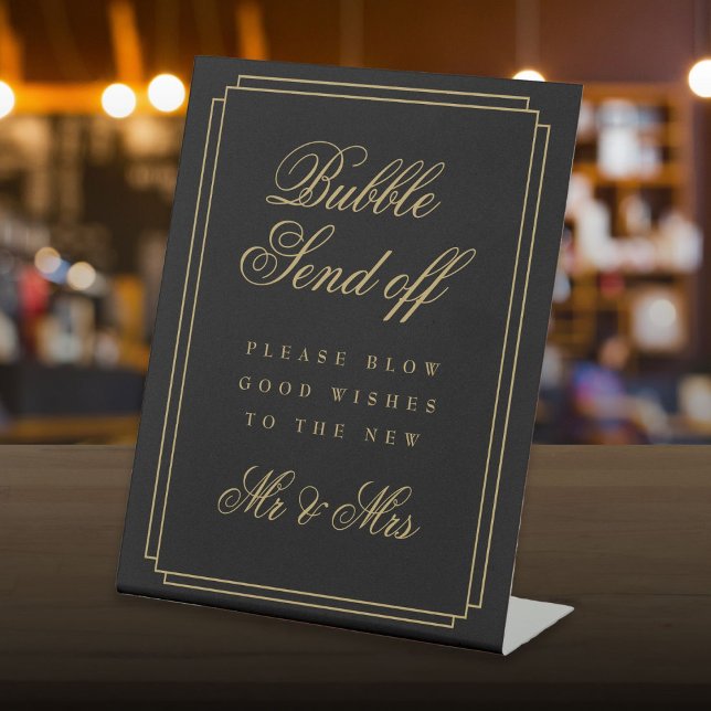 Signe De Table Art Déco Bulle Noire Et Or Envoyer (Art Deco Black And Gold Bubble Send Off Pedestal Sign)