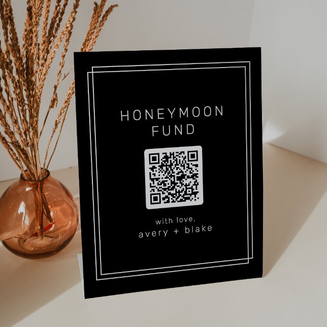Signe De Table AVERS Black Modern QR Code Mariage Honeymoon Fund (AVERY Black Modern QR Code Wedding Honeymoon Fund Pedestal Sign)