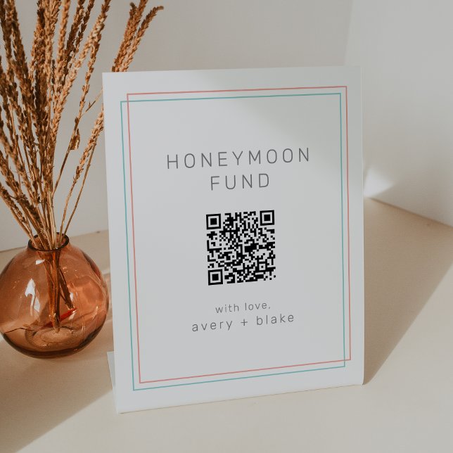 Signe De Table AVERT Coral Turquoise QR Code Mariage Honeymoon Fu (AVERY Coral Teal QR Code Wedding Honeymoon Fund Pedestal Sign)