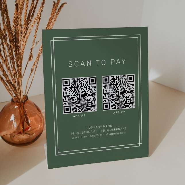 Signe De Table AVERY Vert foncé Boho Entreprise 2 Applications Sc (AVERY Dark Green Boho Business 2 Apps Scan To Pay Pedestal Sign)