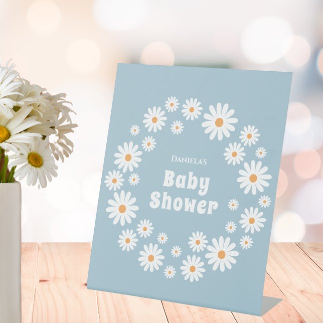 Signe De Table Baby Boy Douche Fleur Power Daisy Wreath bleu (daisy retro baby boy shower sign flower power daisies blue baby shower supplies)