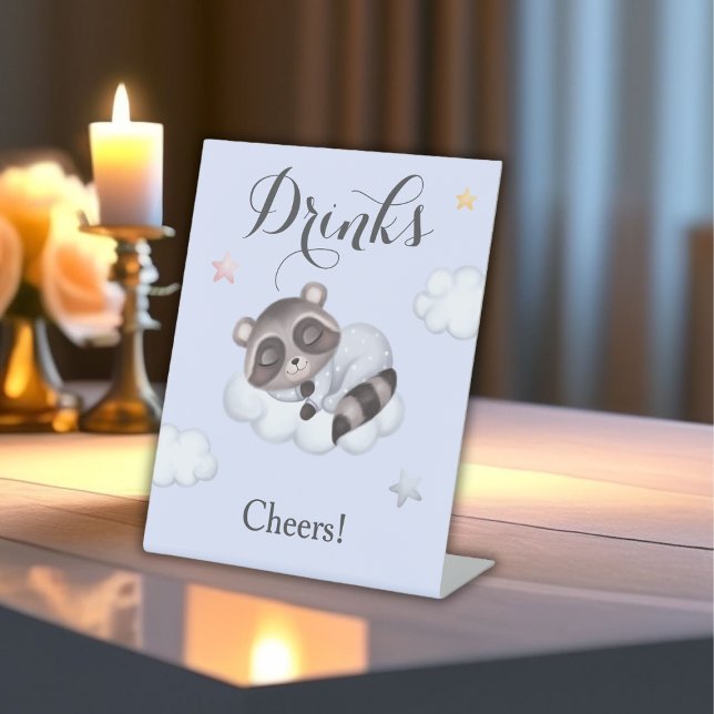 Signe De Table Baby shower animal au raton laveur doux Boissons (Gentle Raccoon Animal Baby Shower Drinks Pedestal Sign)