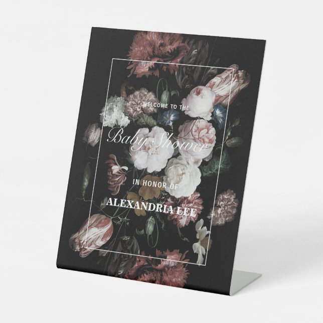 Signe De Table Baby shower Bienvenue noir foncé Moody Floral (Recto)