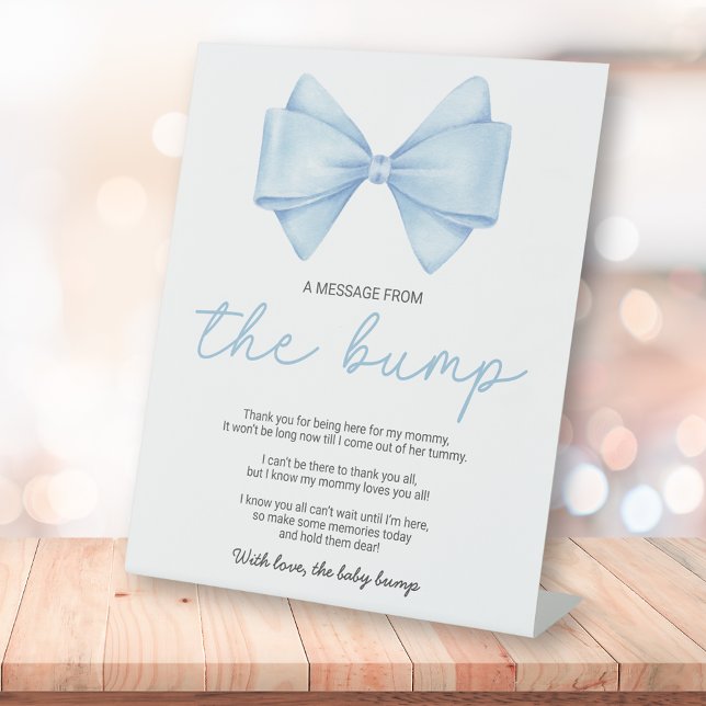 Signe De Table Baby shower Bleu Bow Un Message De La Bump (Créateur téléchargé)