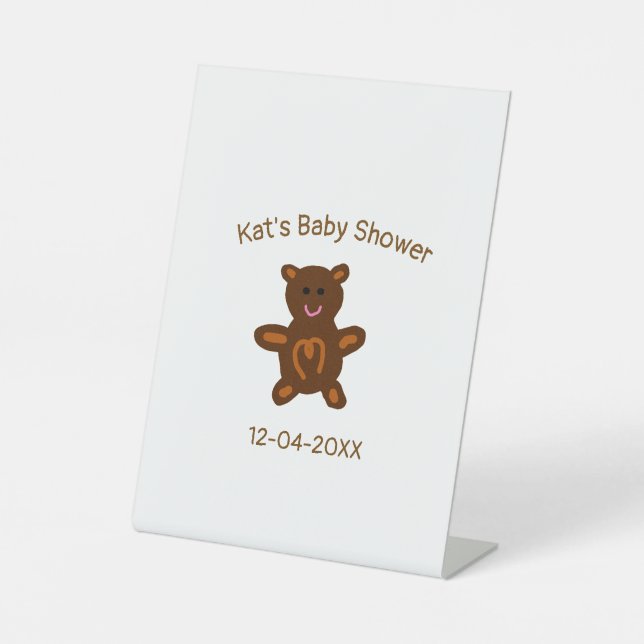 Signe De Table baby shower Brown ours en peluche ajouter nom date (Recto)