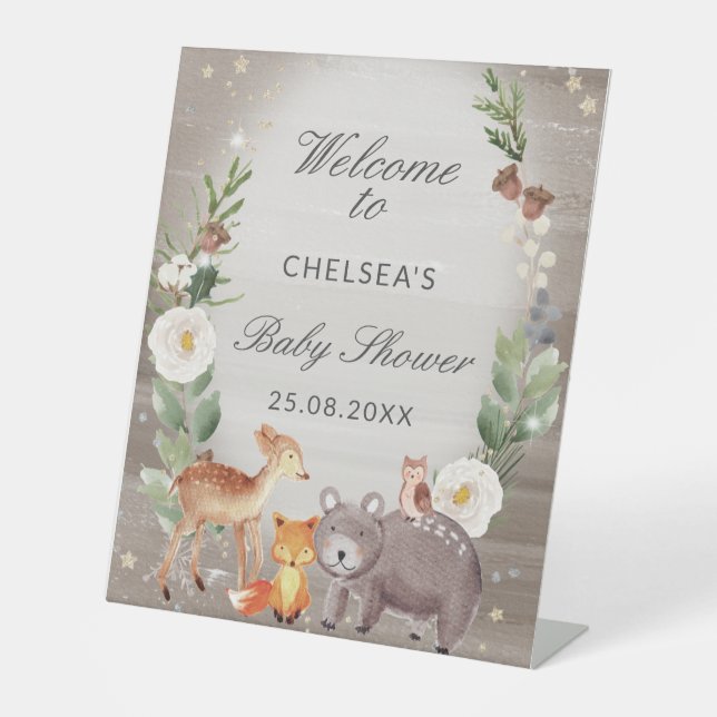 Signe De Table Baby shower d'animaux en bois mignon Bienvenue (Recto)