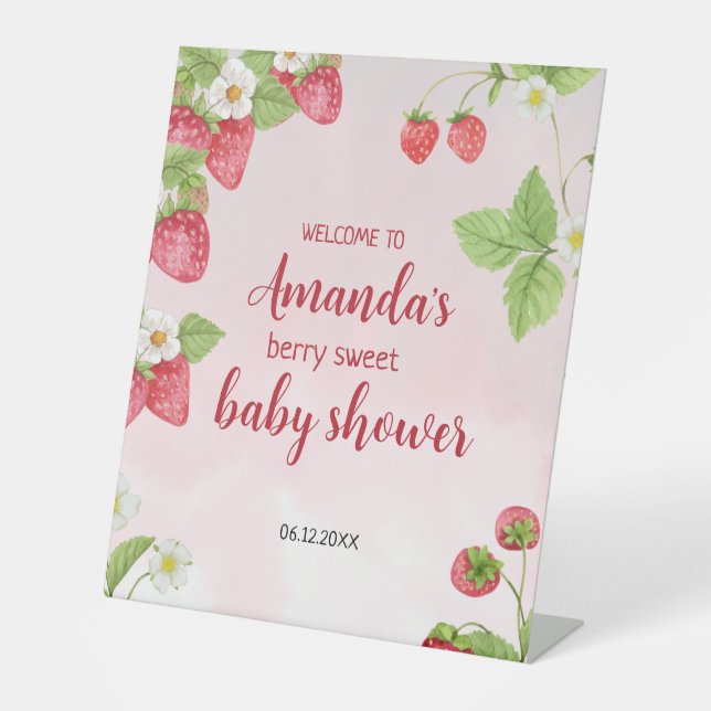 Signe De Table Baby shower d'aquarelle aux fraises sucrées (Recto)