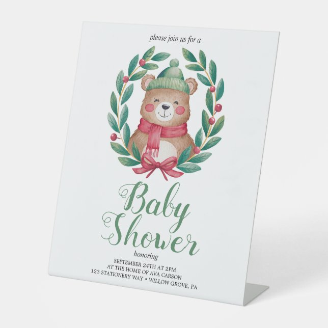 Signe De Table baby shower d'aquarelle de l'ours mignon (Recto)