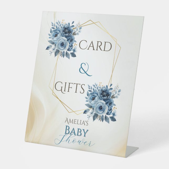 Signe De Table Baby shower d'aquarelle Florale bleu moderne (Recto)