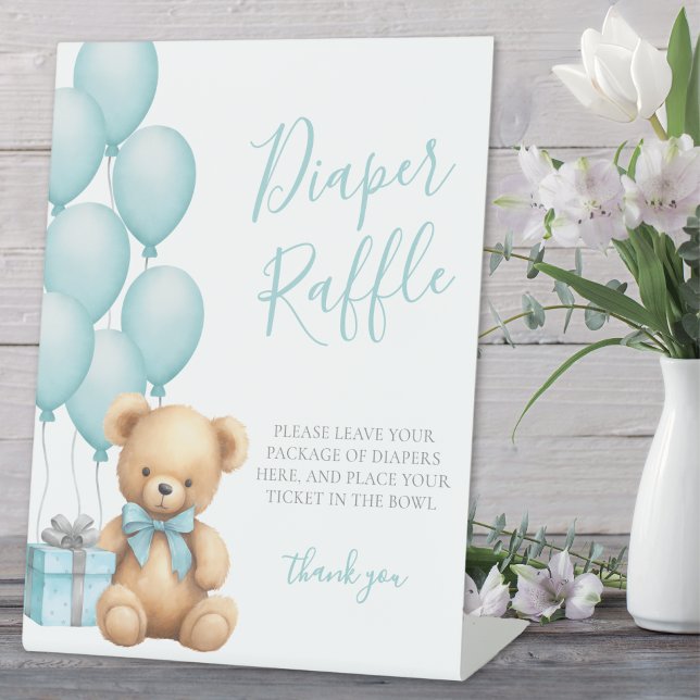 Signe De Table Baby shower de couche Bleu (Blue Bear Baby Shower Diaper Raffle Pedestal Sign)