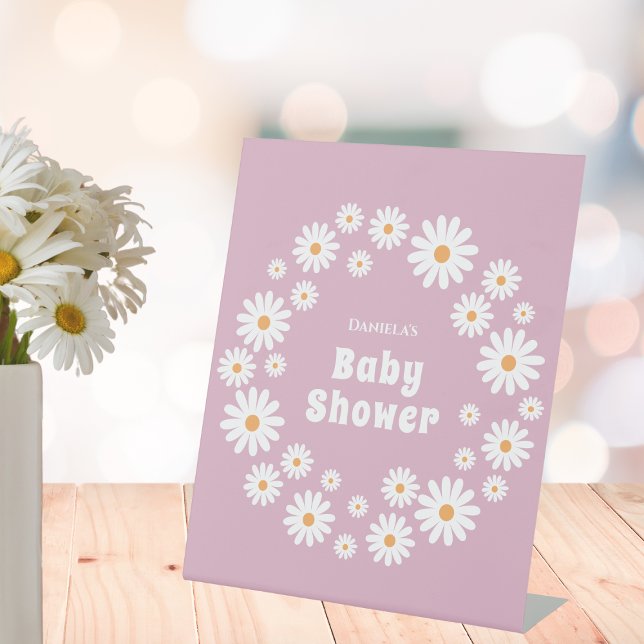 Signe De Table Baby shower de fille Super rose Retro Daisy (daisy baby girl shower welcome sign pink daisy wreath daisies flower power)