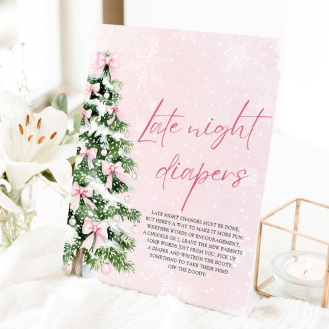 Signe De Table Baby shower de Noël Pink Bow Late Night Diapés (Pink Bows Christmas Baby Shower Late Night Diapers Game Sign)