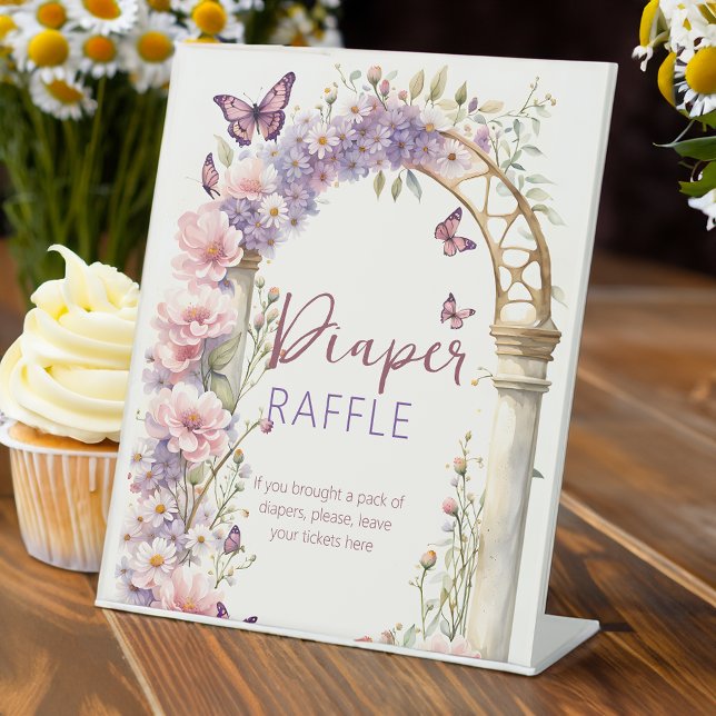 Signe De Table Baby shower de papillons enchanté tombole de couch (Enchanted garden butterflies baby shower diaper raffle table pedestal sign pastel purple pink sign)