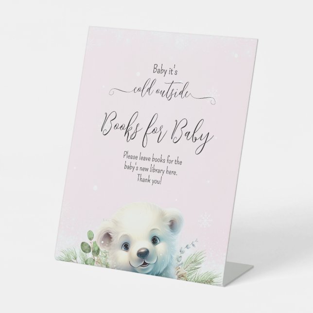 Signe De Table Baby shower d'hiver à neige rose de l'ours polaire (Recto)