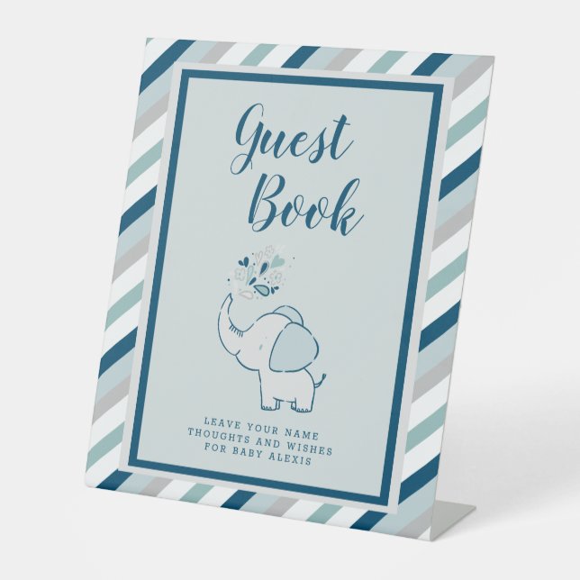 Signe De Table Baby shower d'invités Navy Blue & Mint Elephant Li (Recto)