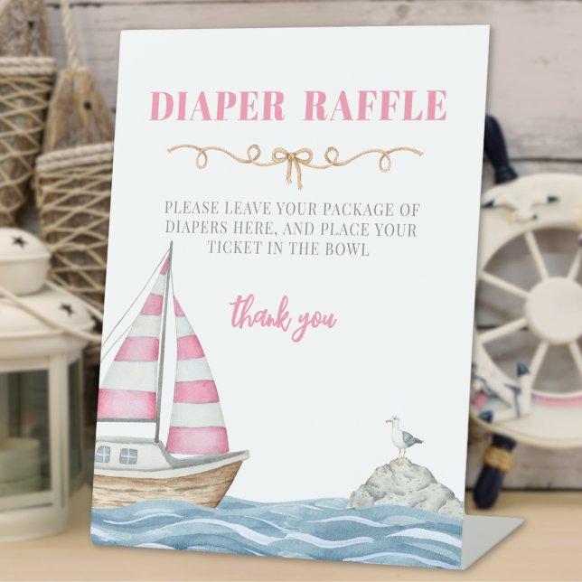 Signe De Table Baby shower Nautique Rose Barreau (Pink Nautical Baby Shower Diaper Raffle Pedestal Sign)