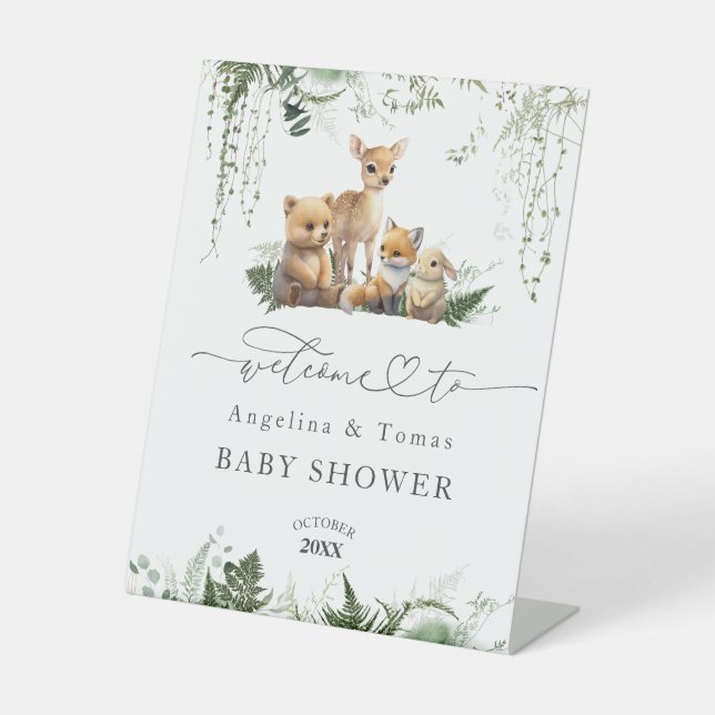 Signe De Table Baby shower Neutre des animaux des bois Bienvenue (Recto)
