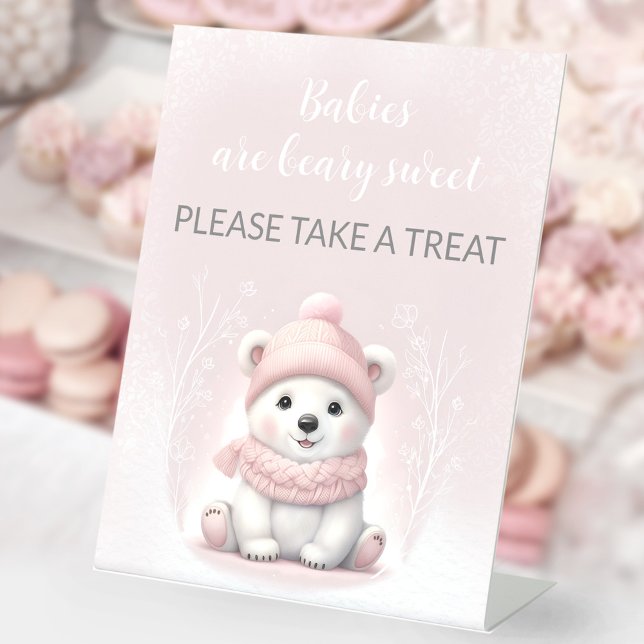 Signe De Table Baby shower Ours rose Polaire Piédestal Symbole de (Pink Polar Bear Baby Shower Pedestal Favor Sign)