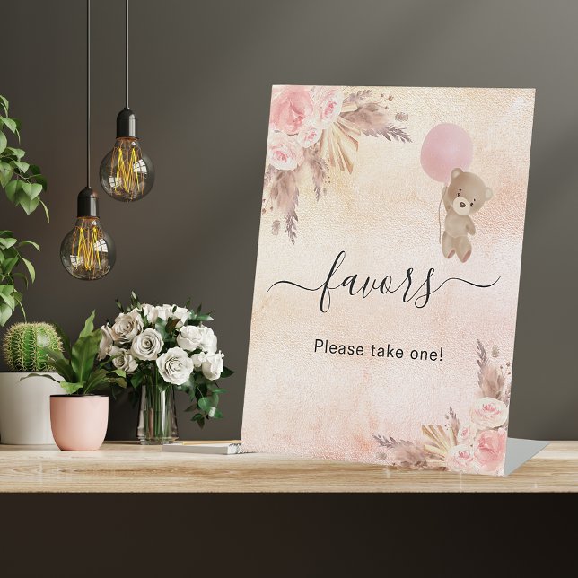Signe De Table Baby shower pampas herbe blush teddy ours favorise (Créateur téléchargé)