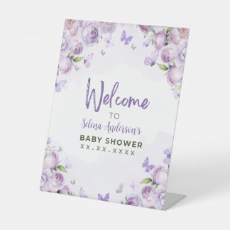 Signe De Table Baby shower papillon floral mauve Bienvenue
