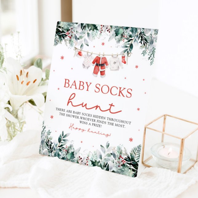Signe De Table Baby shower Red Père Noël Genre Neutre Chaussettes (Watercolor Red Santa Gender Neutral Baby Socks Baby Shower Sign)