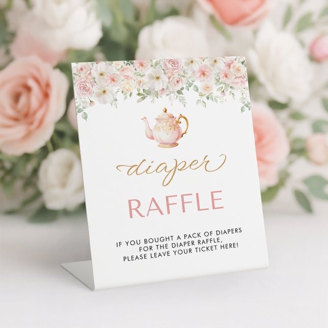 Signe De Table Baby Shower Tea Party Tirage de Couches (Tea Party Baby Shower Diaper Raffle Pedestal Sign)